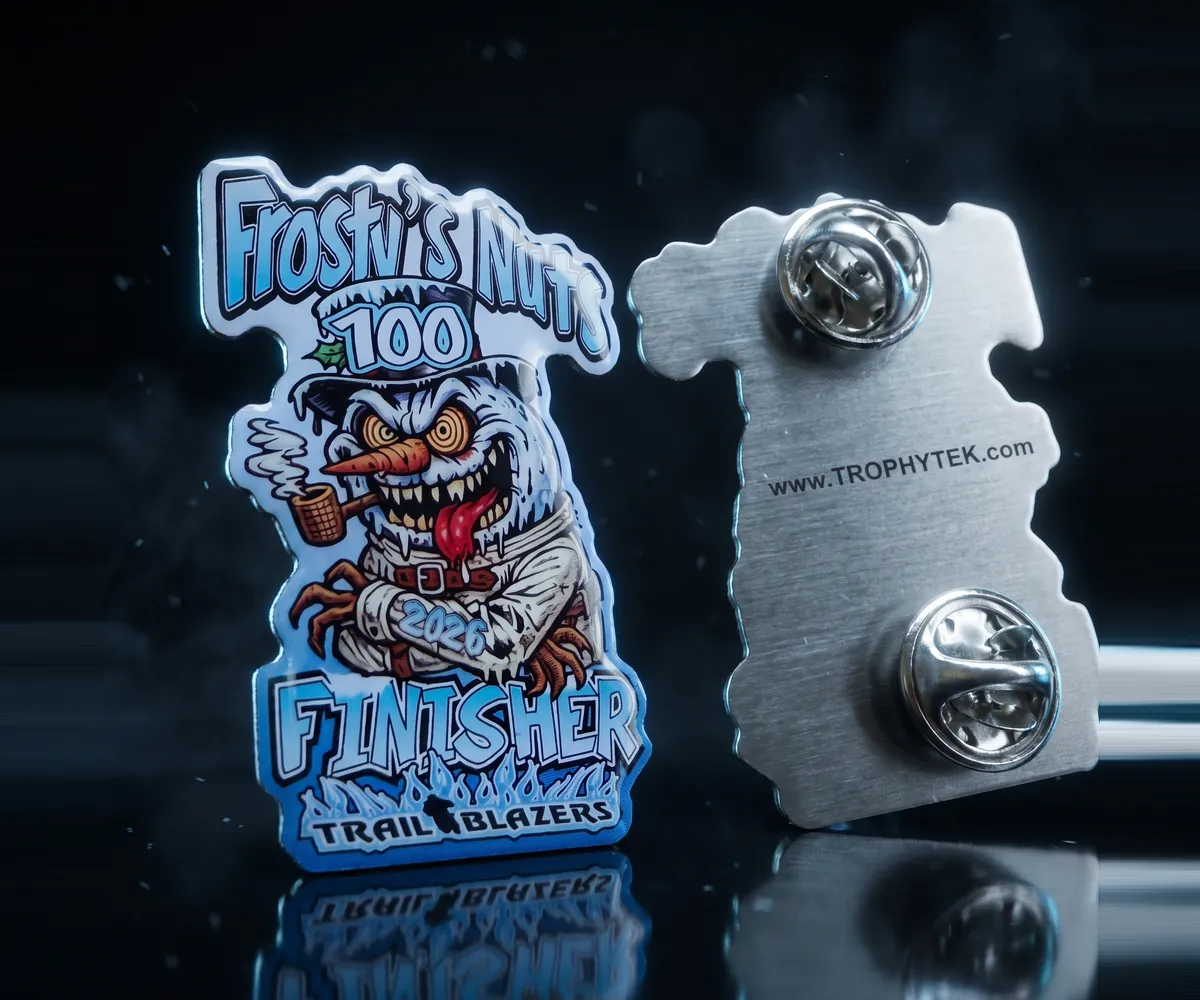 Frosty's Nutts 100 Trail Blazers finisher lapel pin, front and back